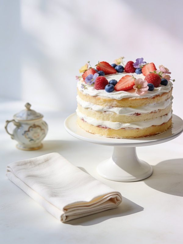 A rustic semi-naked three-layer vanilla cake with thin white frosting, topped with strawberries, blueberries, raspberries and edible flowers, on a white cake stand.