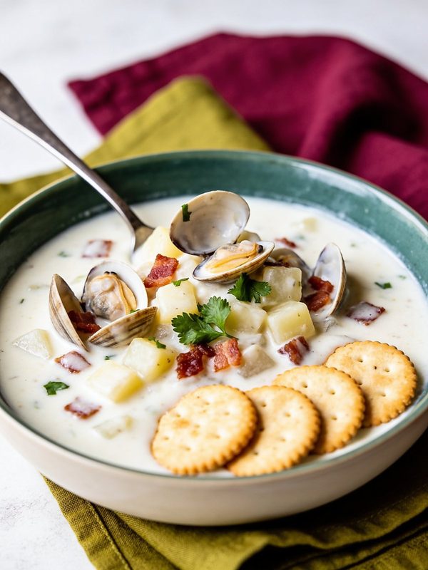 A bowl of creamy white clam chowder with diced potatoes, bacon bits, parsley and a few clams in their shells, with round crackers on top.