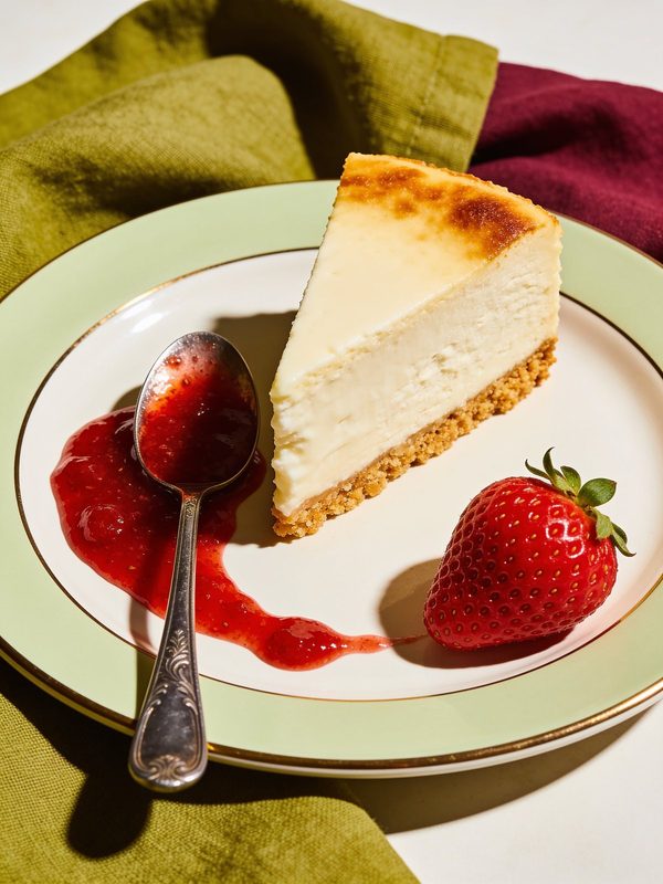 A slice of creamy New York cheesecake on a graham cracker crust, with strawberry sauce, a spoon and a whole strawberry.