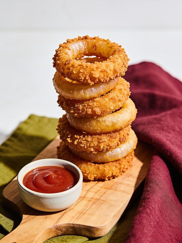 A tall stack of thick, golden, crunchy onion rings on a wooden board with a small bowl of ketchup.