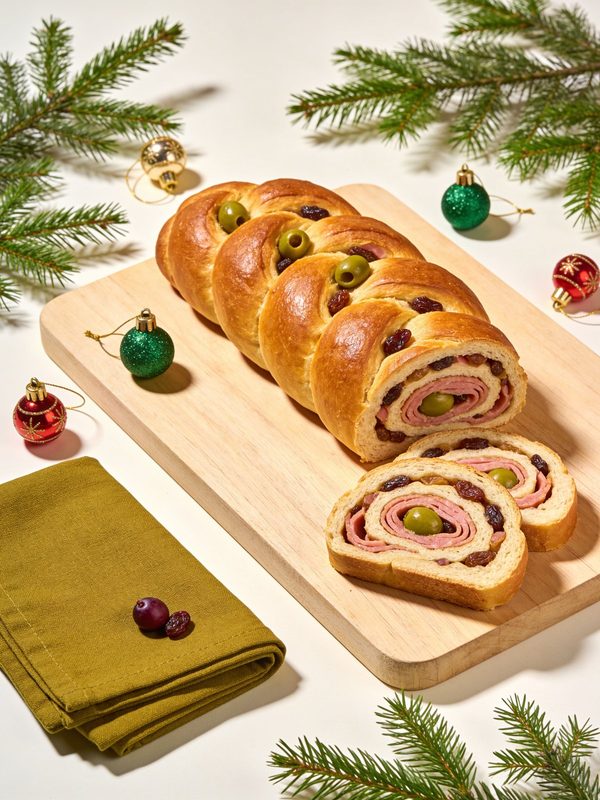A rolled pan de jamón with a glossy golden crust, sliced to show spirals of ham, green olives and raisins.