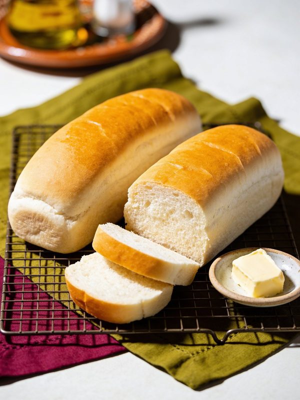 Two soft golden loaves of bread on a cooling rack, one sliced, with a small dish of butter.