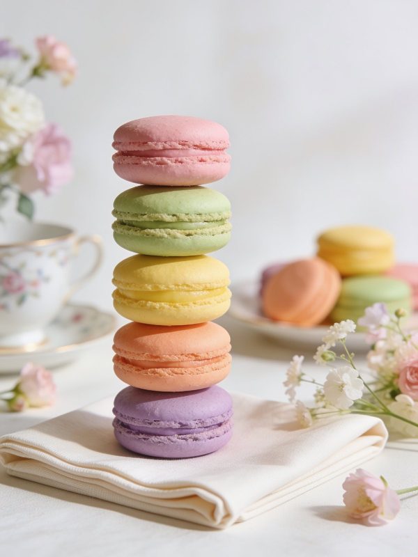 A tall stack of pastel French macarons in pink, pistachio green, lemon yellow, peach and lavender on a cream napkin, with more macarons blurred behind.