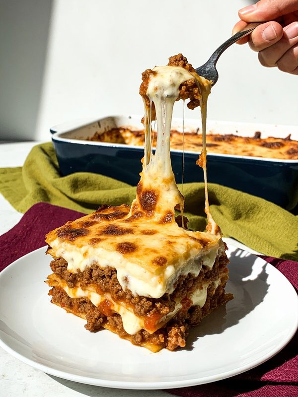 A cheesy square of pasticho with layers of beef sauce and béchamel, the cheese stretching from a fork, with the baking dish behind it.