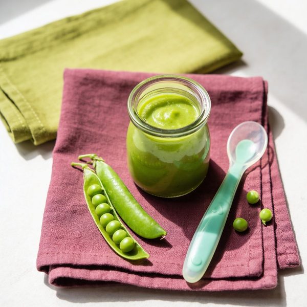 A small glass jar of smooth bright green pea puree with a silicone baby spoon and fresh pea pods beside it.