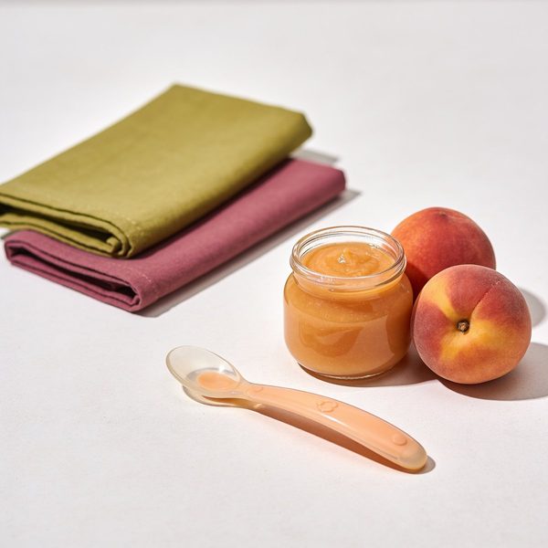 A small glass jar of smooth peach puree with a silicone baby spoon and two ripe peaches beside it.