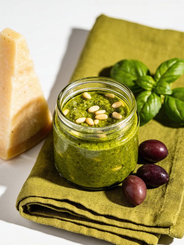 A small glass jar of bright green basil pesto with pine nuts, a wedge of parmesan and fresh basil leaves.