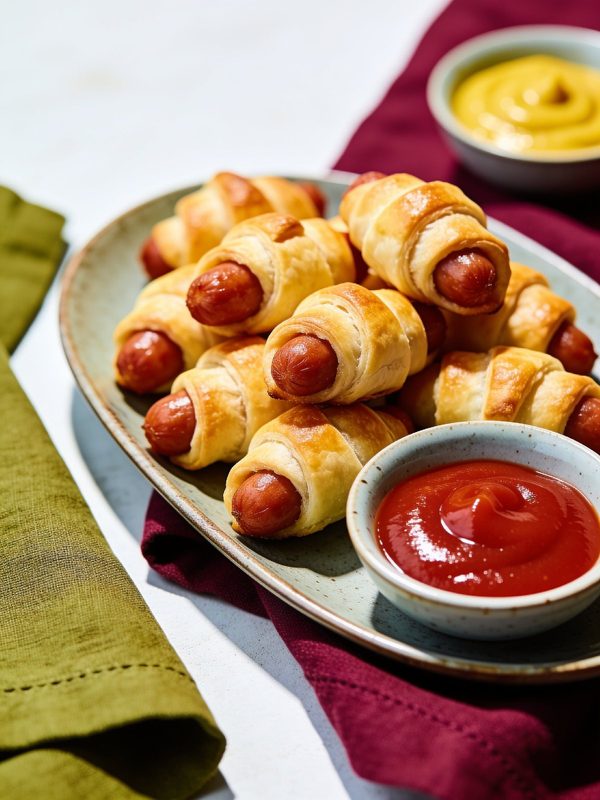 Cocktail sausages wrapped in flaky golden dough piled on a platter, with small bowls of yellow mustard and ketchup.