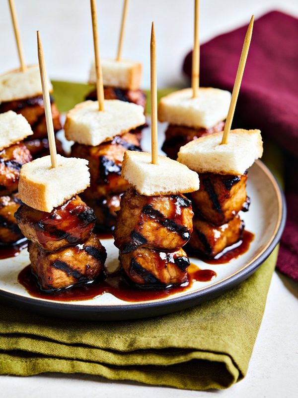 Grilled pork skewers glazed with barbecue sauce, each topped with a cube of bread, on a plate.