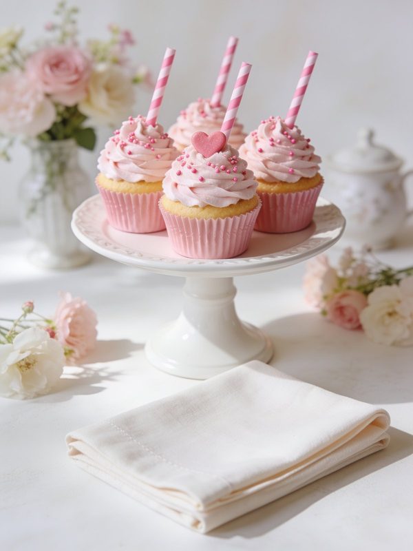 Vanilla cupcakes in pink liners with tall pink buttercream swirls, pink sprinkles, a sugar heart and pink striped straws on a white cake stand.