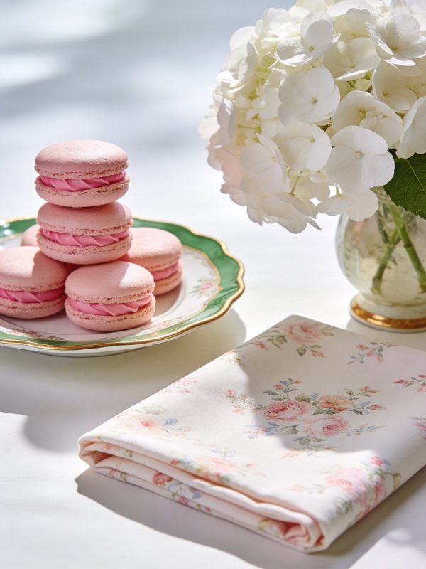 Pink French macarons with pink buttercream filling stacked on a vintage porcelain plate with a green and gold rim, white hydrangeas and a floral napkin beside them.