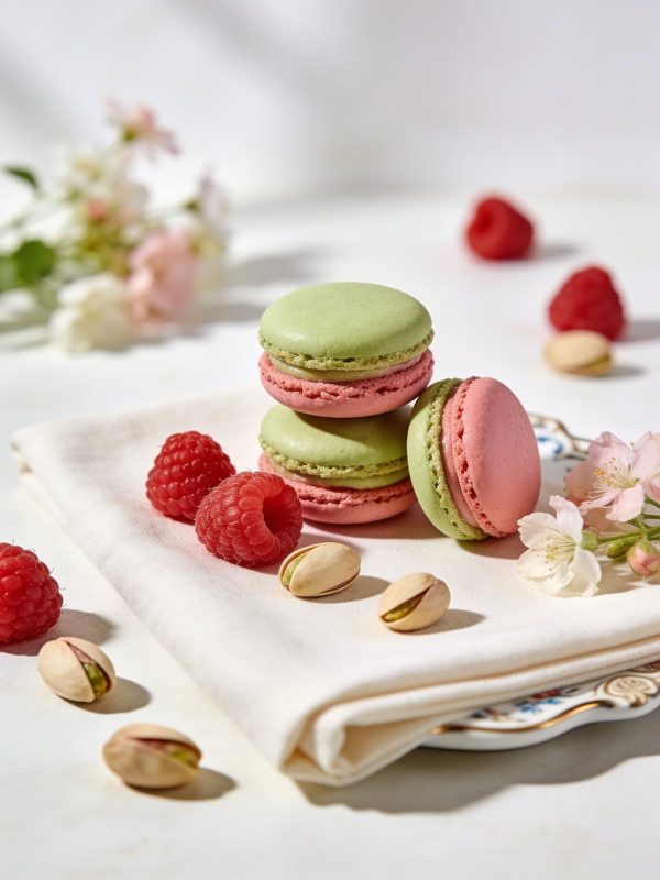 Two-tone pistachio green and raspberry pink macarons stacked on a linen napkin with fresh raspberries and pistachios.