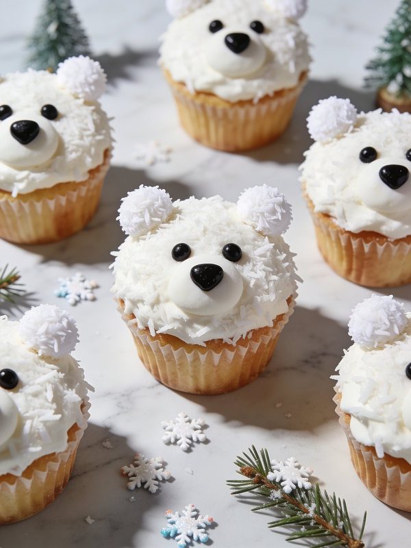 Cupcakes covered in fluffy white coconut frosting decorated as polar bear faces with coconut-covered ears, white snouts and black eyes and noses.