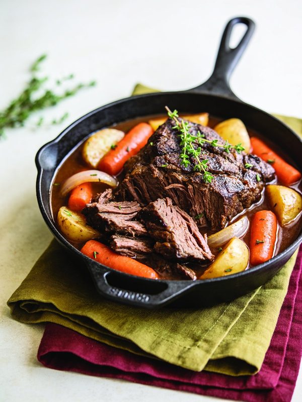 A braised beef chuck roast pulled into tender chunks in a cast iron pan with carrots, potatoes and onions in brown gravy, garnished with fresh thyme.