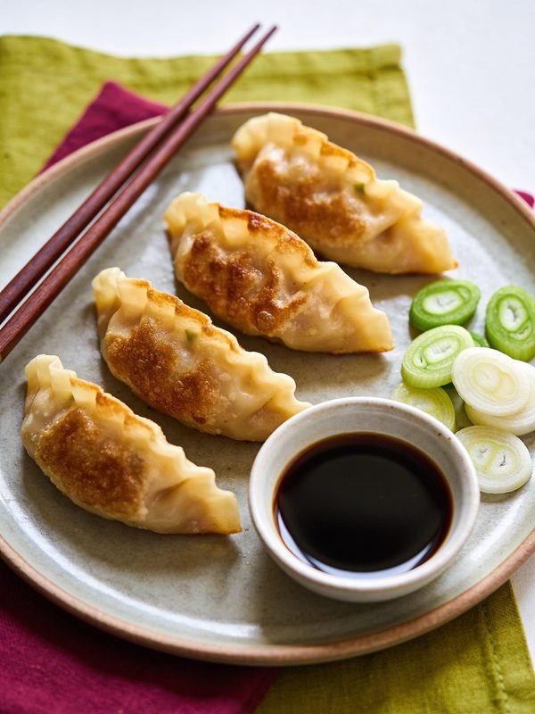 Pan-fried pork potstickers with crisp golden bottoms and pleated tops on a plate with chopsticks, a small bowl of soy dipping sauce and sliced scallions.