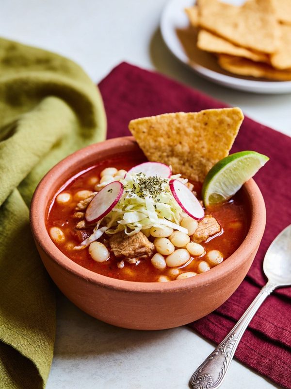 A clay bowl of red pozole with hominy and pork, topped with shredded cabbage, sliced radishes and oregano, with a tostada and a lime wedge.