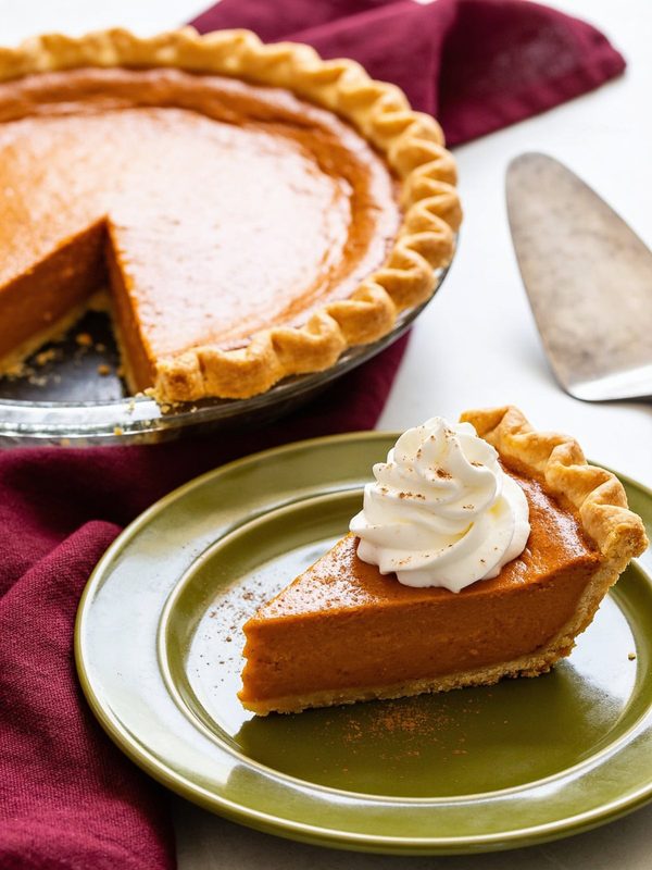 A pumpkin pie in a fluted crust with one slice served on a green plate, topped with whipped cream and cinnamon.