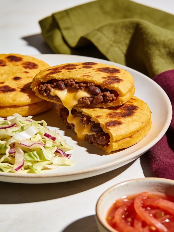 Golden griddled pupusas, one cut open to show a bean filling and melted cheese, with cabbage curtido and a small bowl of tomato salsa.