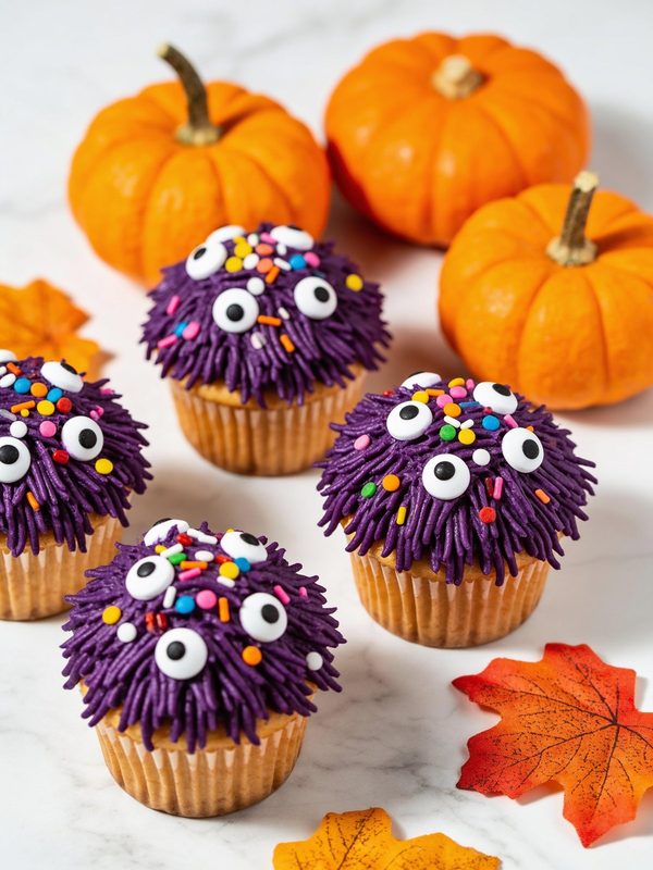 Vanilla cupcakes covered in shaggy purple buttercream fur with googly candy eyes and colorful sprinkles, with small pumpkins behind.