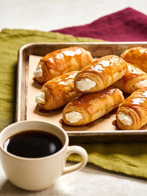 Golden puff pastry rolls filled with white cream cheese and glazed with shiny syrup on a baking tray, with a cup of black coffee.