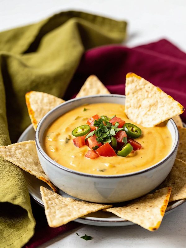 A bowl of smooth yellow cheese dip topped with diced tomatoes, jalapeño slices and cilantro, surrounded by tortilla chips.