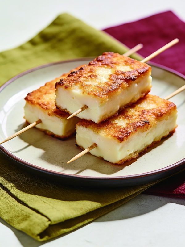 Thick slices of golden fried white cheese on a plate, held with toothpicks.