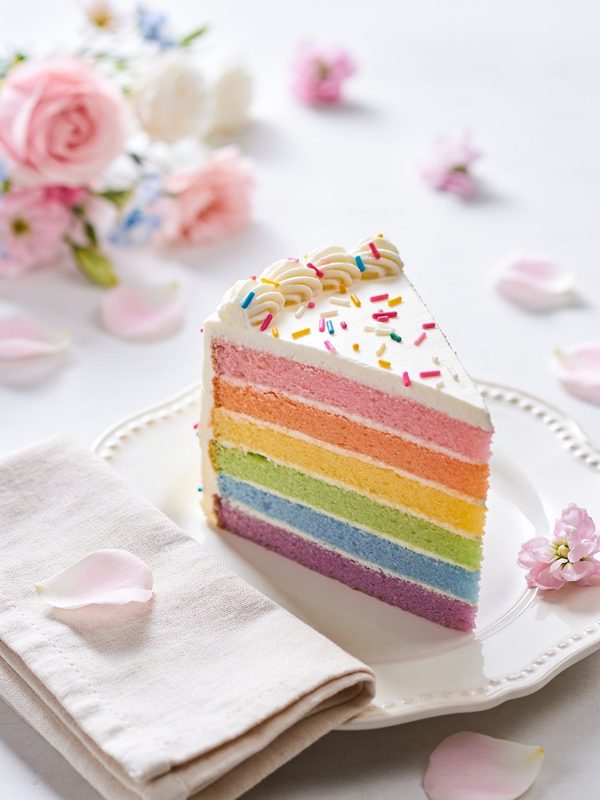 A slice of six-layer rainbow cake with pastel pink, orange, yellow, green, blue and purple layers, white frosting, a piped border and rainbow sprinkles.