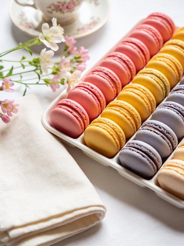Rows of pastel pink, yellow, lavender and peach macarons on a white tray, with a teacup and pink flowers.
