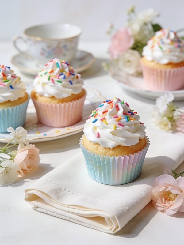 Vanilla cupcakes in pastel blue and pink liners with tall swirls of fluffy white frosting and rainbow sprinkles, with teacups and pink flowers behind.