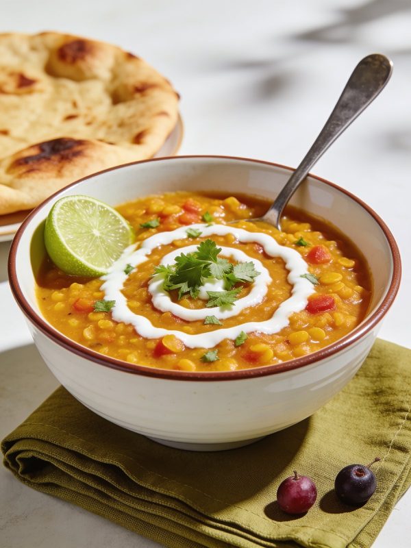 A bowl of golden red lentil dal with cilantro and a lime wedge, served with basmati rice.