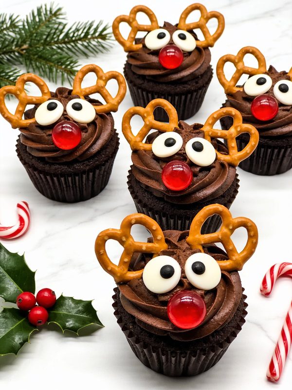 Chocolate cupcakes with chocolate buttercream swirls decorated as reindeer with pretzel antlers, big candy eyes and shiny red candy noses.