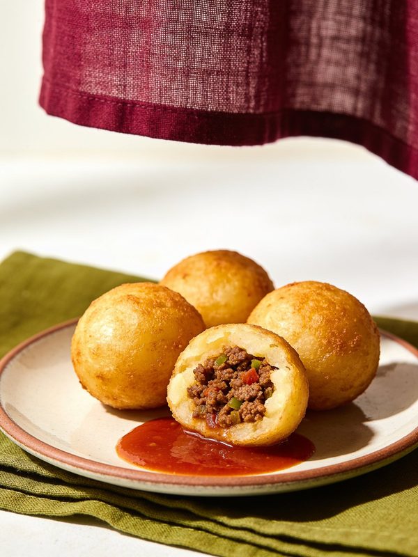 Three golden potato balls and one cut open to show a beef picadillo filling, on a plate with red sauce.