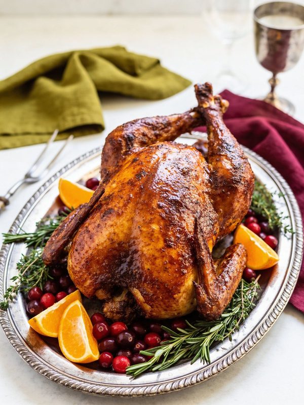 A whole roast turkey with glossy, deep golden brown skin on a silver platter with orange wedges, fresh cranberries and sprigs of rosemary and thyme.