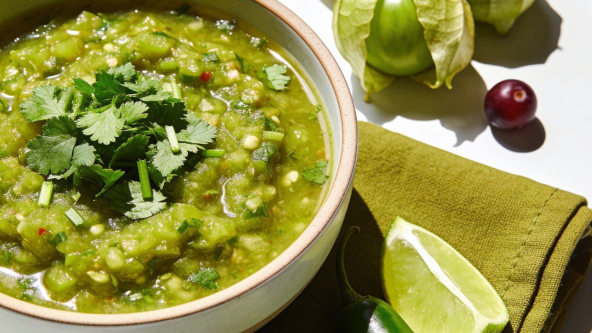A bowl of bright green tomatillo salsa with cilantro, lime wedges and a chile on the side.