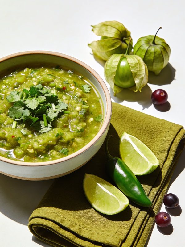 A bowl of bright green tomatillo salsa with cilantro, lime wedges and a chile on the side.