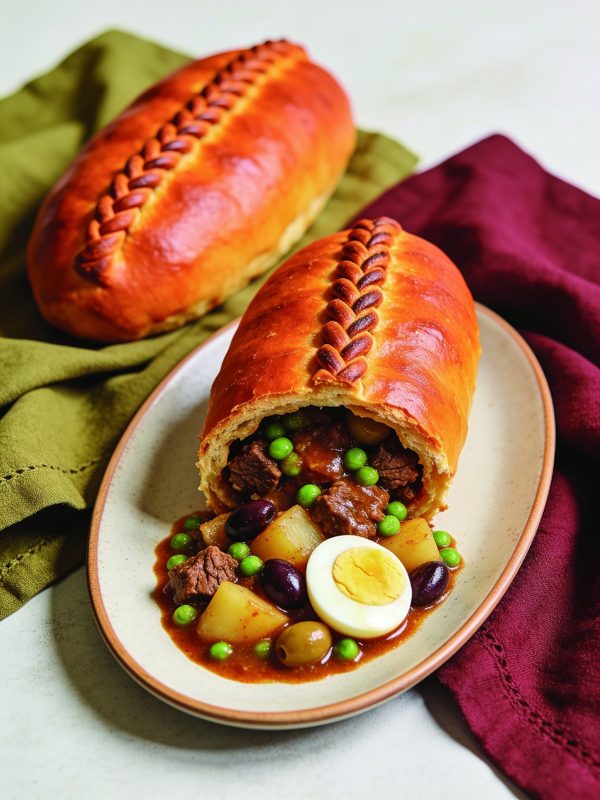 Golden baked salteñas with a braided seam, one cut open to show a saucy beef filling with peas, potato, olives and egg.