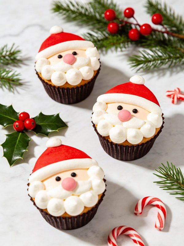 Vanilla cupcakes decorated as Santa Claus faces with a red buttercream hat, white brim and pompom, a fluffy white beard and a round pink nose.