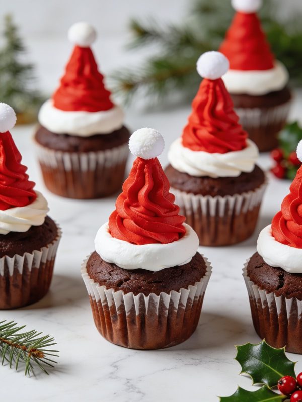 Chocolate cupcakes topped with tall red buttercream Santa hats with white brims and white pompoms, with pine branches and holly.