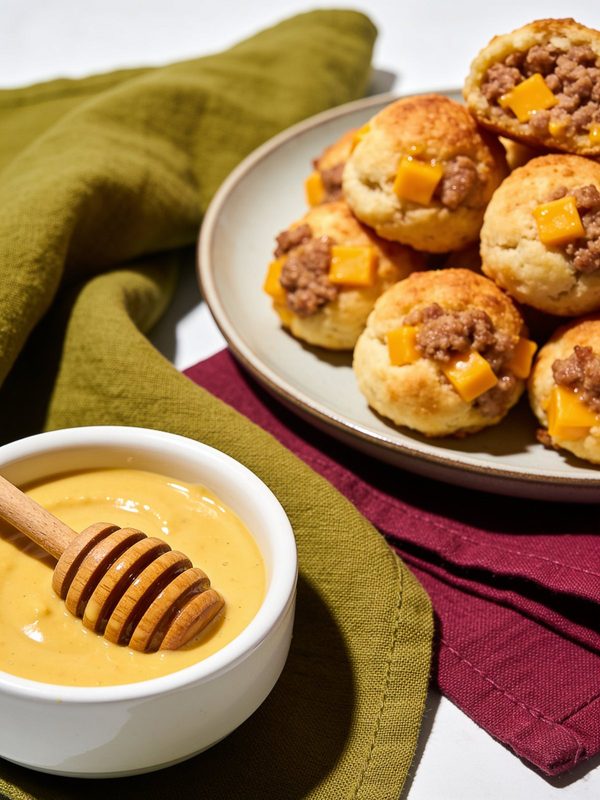 Golden baked sausage and cheddar balls on a plate, with a bowl of honey mustard and a wooden honey dipper.
