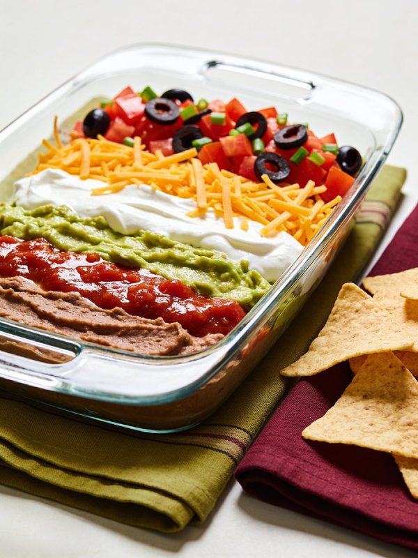 A glass dish showing layers of refried beans, red salsa, guacamole, sour cream and cheddar, topped with tomatoes, black olives and green onions, with tortilla chips beside it.