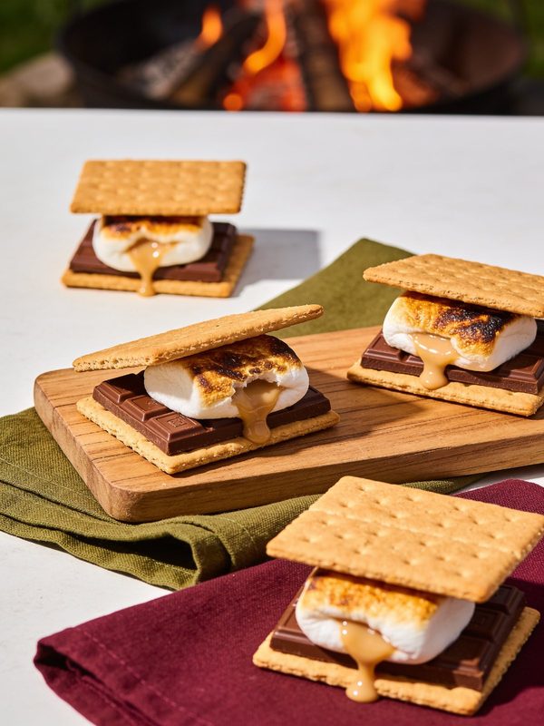 S'mores with toasted marshmallows and milk chocolate between square graham crackers on a wooden board, with a fire pit behind.