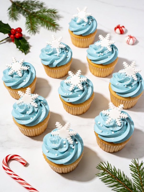 Vanilla cupcakes with pale icy blue buttercream swirls, white snowflakes and white sugar pearls, with pine branches and candy canes.