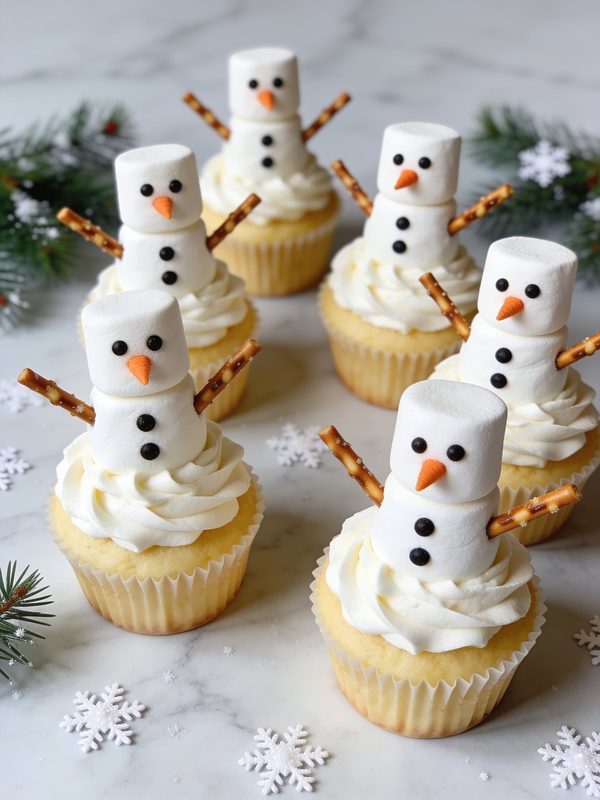Vanilla cupcakes with white buttercream swirls topped with stacked marshmallow snowmen with black dot eyes, orange noses and pretzel arms.