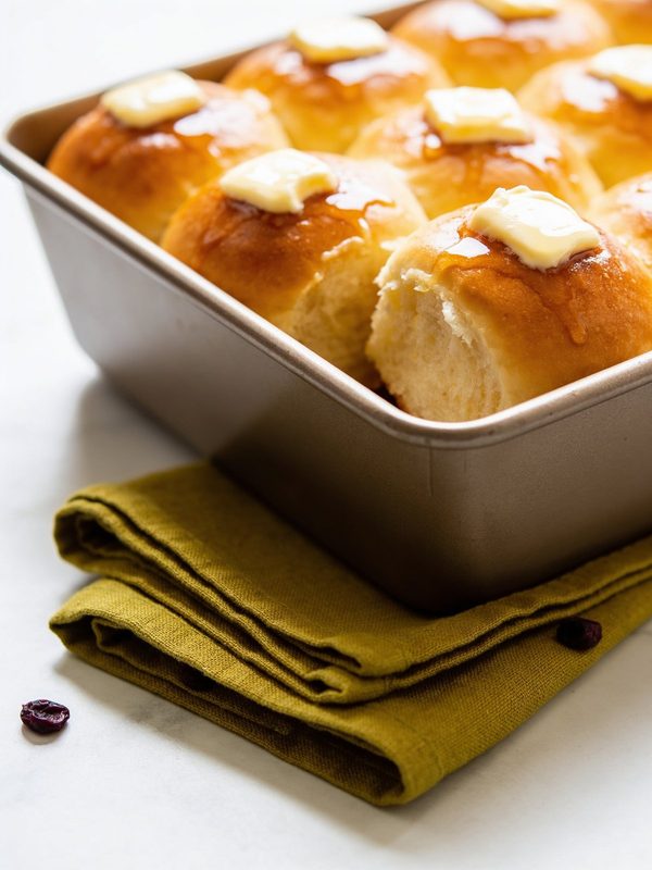 A pan of golden, pull-apart dinner rolls brushed with melted butter, one roll torn open to show the soft crumb.