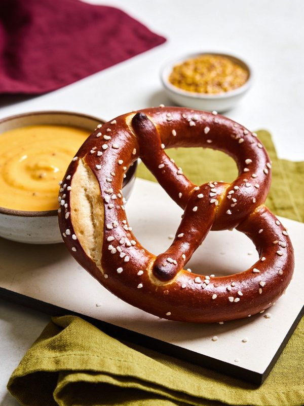 A large soft pretzel with a shiny deep brown crust and coarse salt, next to a bowl of golden beer cheese and a small dish of grainy mustard.