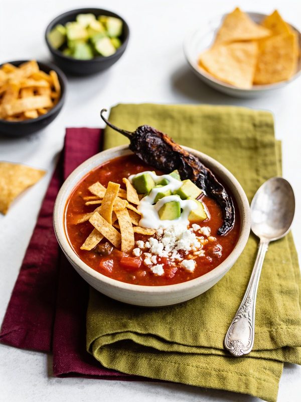 A bowl of red tortilla soup topped with crisp tortilla strips, diced avocado, crema, crumbled queso fresco and a fried pasilla chile.
