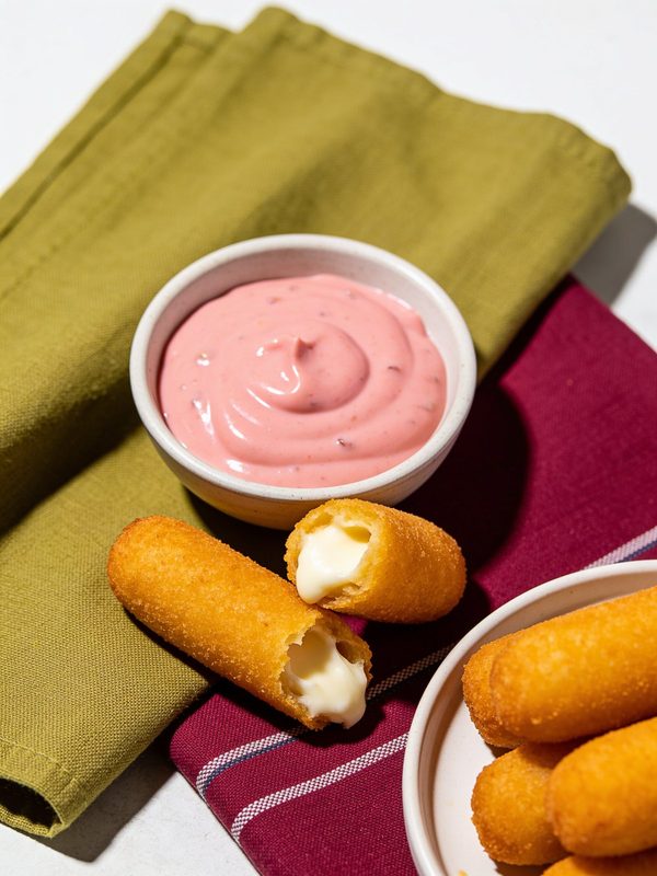 Golden fried cornmeal fingers, two broken open to show melted white cheese, with a bowl of pink mayo-ketchup.