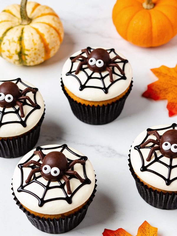 Vanilla cupcakes in black liners with smooth white frosting, a black spider web and a chocolate spider with candy eyes.