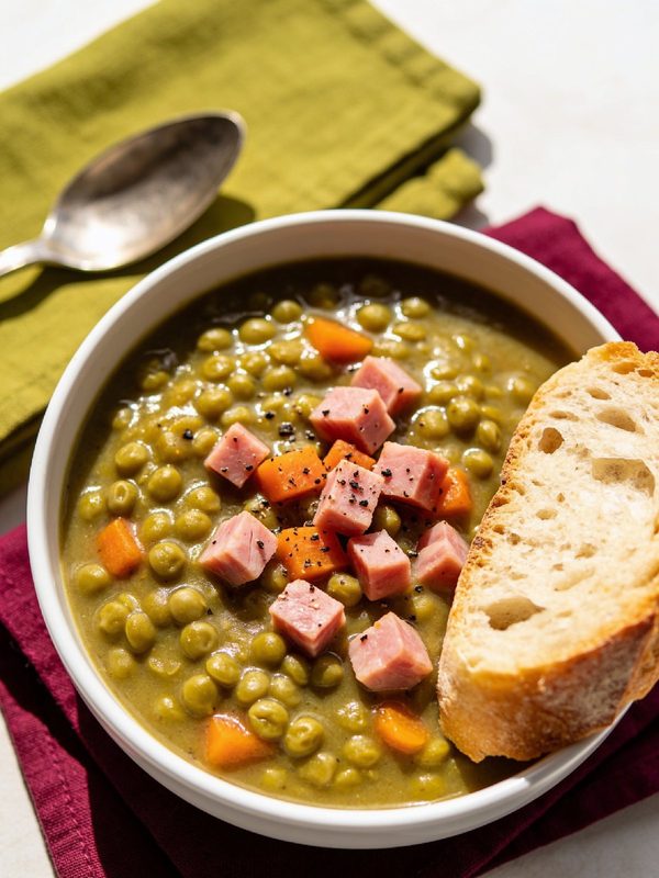 A bowl of thick green split pea soup with diced smoked ham and carrots, cracked black pepper and a slice of crusty bread.
