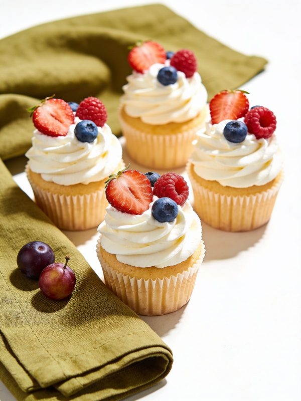 Cupcakes con remolinos altos de crema batida estabilizada y frutos rojos frescos por encima.